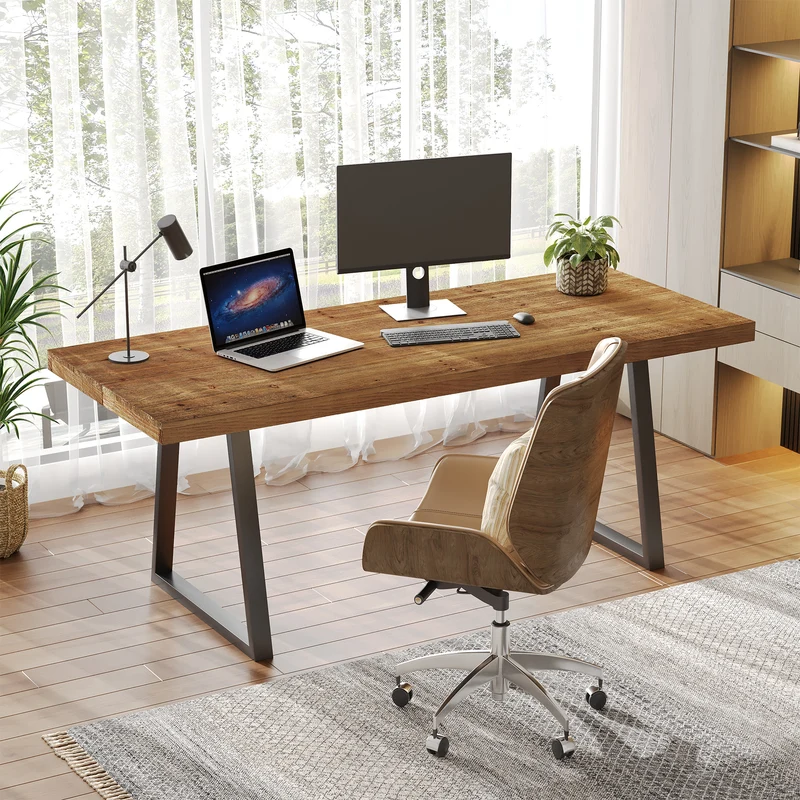 Tribesigns Bureau industriel de 160 cm, plateau en bois massif et pieds robustes en métal