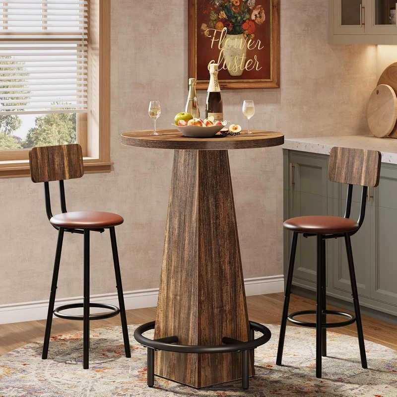 Tribesigns Table haute ronde 95 cm de hauteur, Table de bistro/pub en bois avec repose-pieds annulaire en métal pour café, cocktail