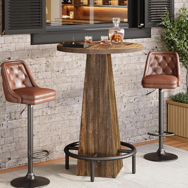 Tribesigns Table haute ronde 95 cm de hauteur, Table de bistro/pub en bois avec repose-pieds annulaire en métal pour café, cocktail