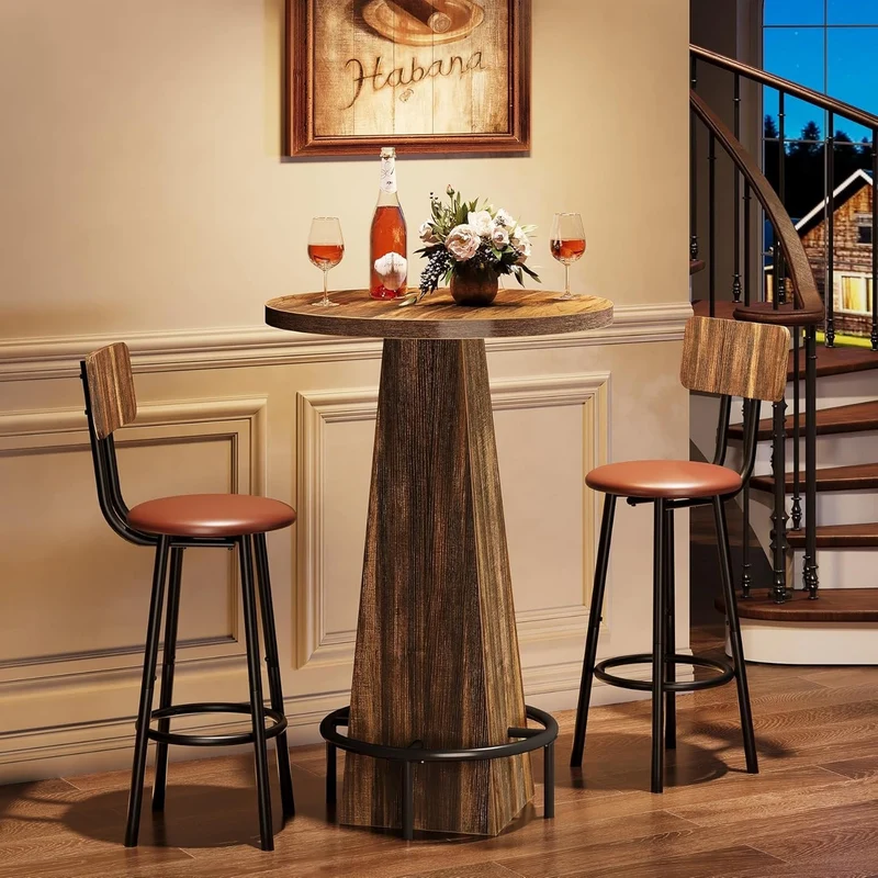 Tribesigns Table haute ronde 95 cm de hauteur, Table de bistro/pub en bois avec repose-pieds annulaire en métal pour café, cocktail