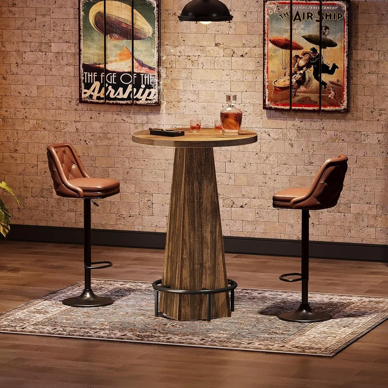 Tribesigns Table haute ronde 95 cm de hauteur, Table de bistro/pub en bois avec repose-pieds annulaire en métal pour café, cocktail