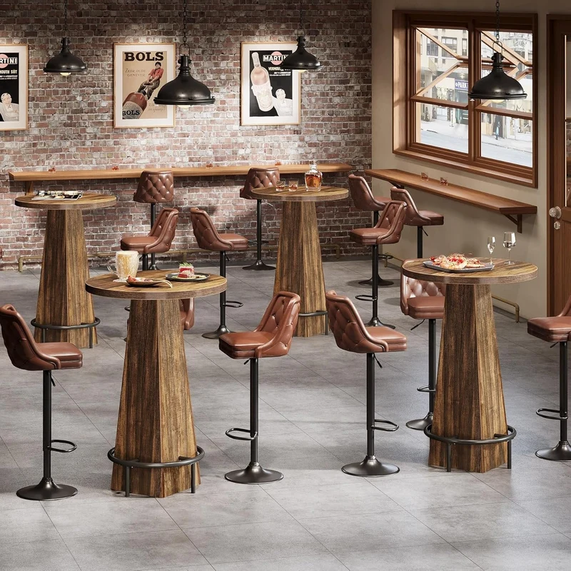 Tribesigns Table haute ronde 95 cm de hauteur, Table de bistro/pub en bois avec repose-pieds annulaire en métal pour café, cocktail
