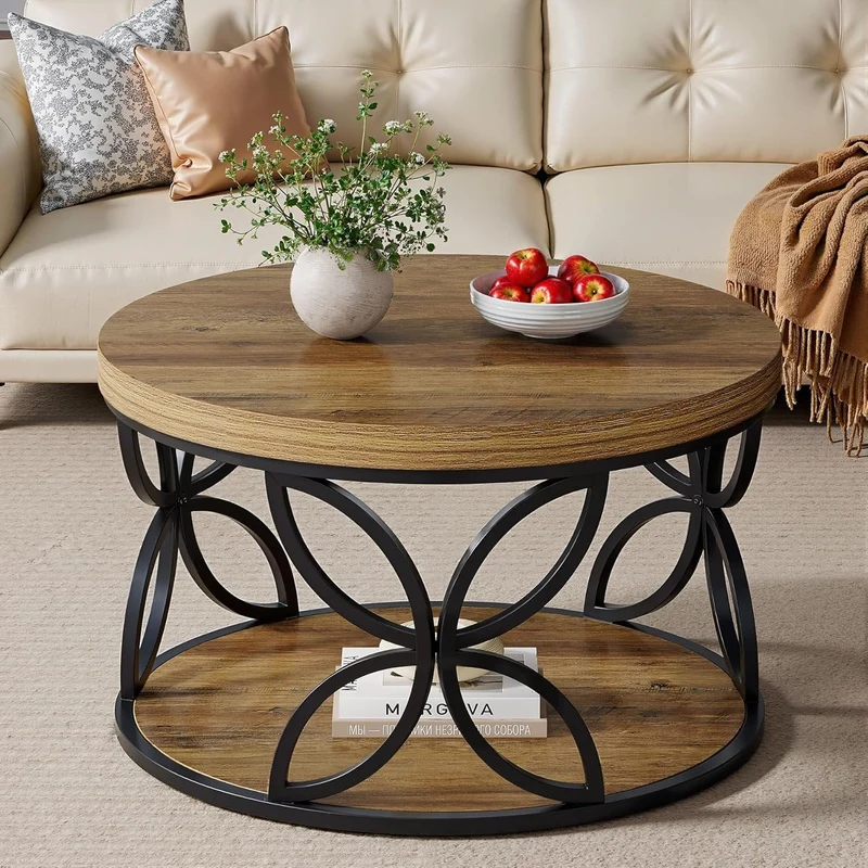 Tribesigns Table Basse Ronde de 80 cm avec Espace de Rangement, Table de Salon à 2 Niveaux