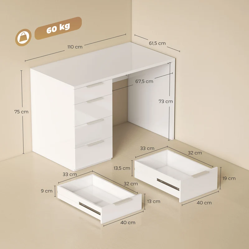 Bureau d'ordinateur 110 x 61,5 x 75 cm 4 tiroirs rangement gain de place moderne épuré en panneau de particules blanc 21_0002567