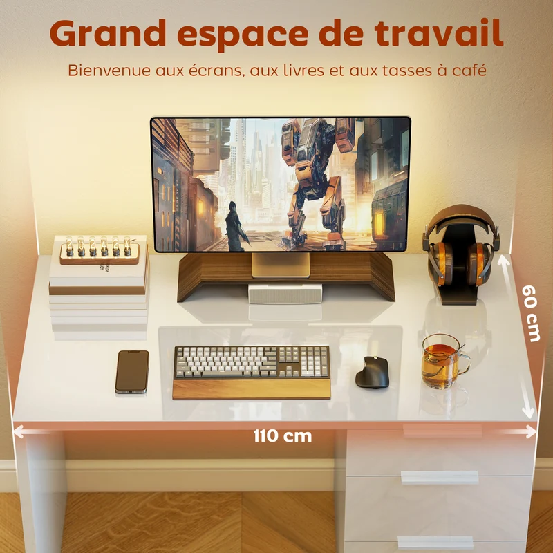 Bureau d'ordinateur 110 x 61,5 x 75 cm 4 tiroirs rangement gain de place moderne épuré en panneau de particules blanc 21_0002567