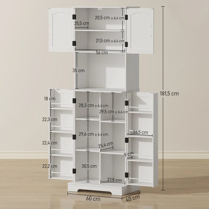 Buffet haut de cuisine 60 x 40 x 181 cm grand plan de travail étagères réglables avec porte-épices rustique en MDF blanc 21_0003368