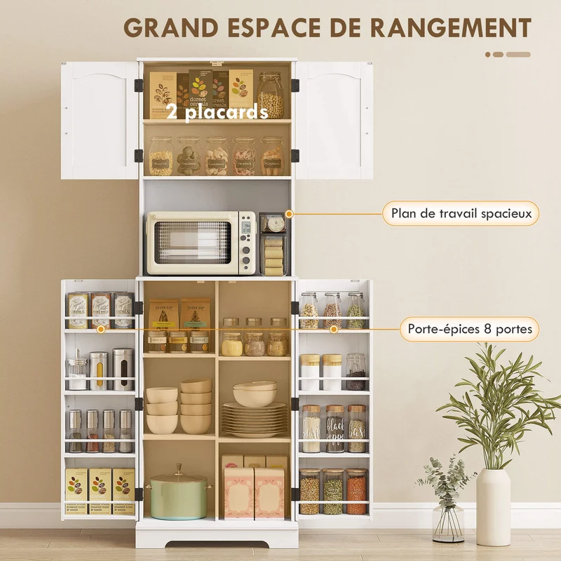 Buffet haut de cuisine 60 x 40 x 181 cm grand plan de travail étagères réglables avec porte-épices rustique en MDF blanc 21_0003368