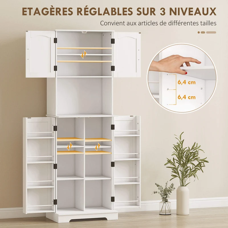Buffet haut de cuisine 60 x 40 x 181 cm grand plan de travail étagères réglables avec porte-épices rustique en MDF blanc 21_0003368