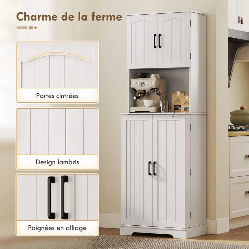 Buffet haut de cuisine 60 x 40 x 181 cm grand plan de travail étagères réglables avec porte-épices rustique en MDF blanc 21_0003368