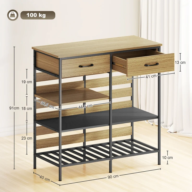 Buffet de cuisine rangement 90 x 40 x 91 cm 2 tiroirs 3 étagères industriel épuré en panneau de particules bois naturel 21_0003334