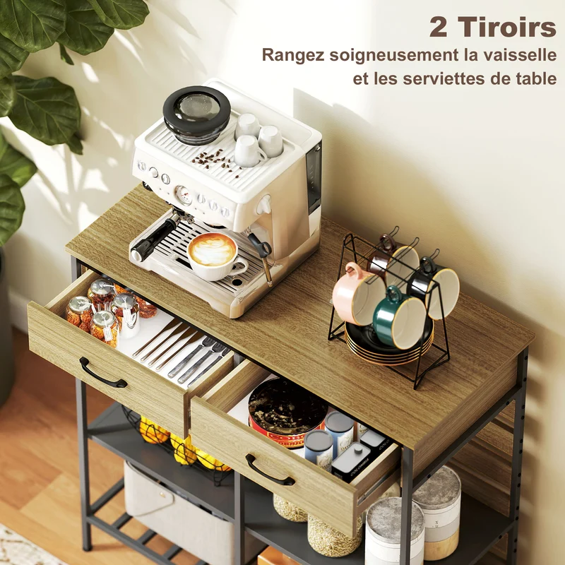 Buffet de cuisine rangement 90 x 40 x 91 cm 2 tiroirs 3 étagères industriel épuré en panneau de particules bois naturel 21_0003334