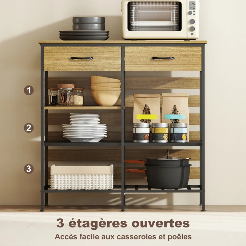 Buffet de cuisine rangement 90 x 40 x 91 cm 2 tiroirs 3 étagères industriel épuré en panneau de particules bois naturel 21_0003334