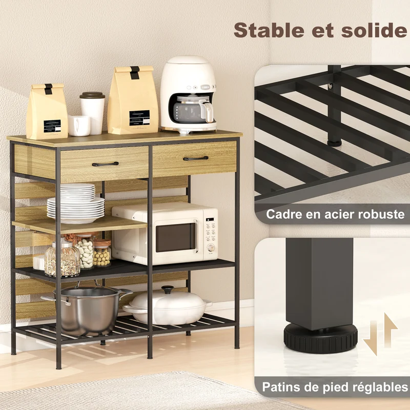 Buffet de cuisine rangement 90 x 40 x 91 cm 2 tiroirs 3 étagères industriel épuré en panneau de particules bois naturel 21_0003334