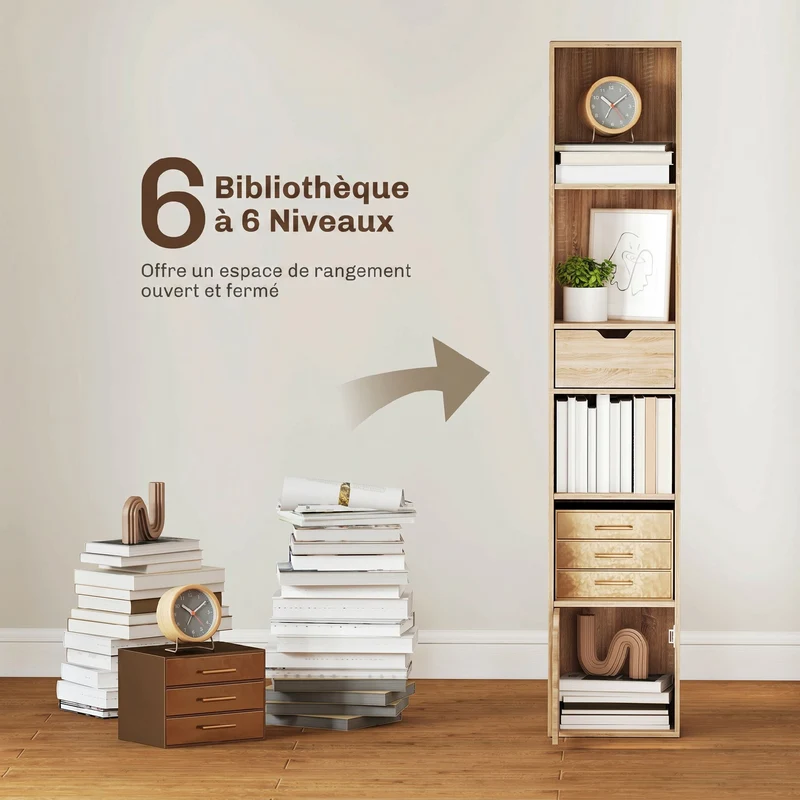 Bibliothèque étroite 30 x 24 x 158 cm rangement optimisé fixation murale moderne en panneau de particules bois naturel 21_0002552