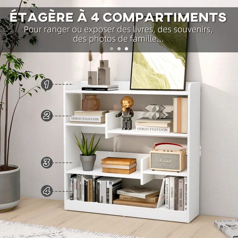 Bibliothèque étagère salon 90 x 24 x 91 cm gain de place 4 niveaux contemporain épuré en panneaux de particules blanc 21_0002425