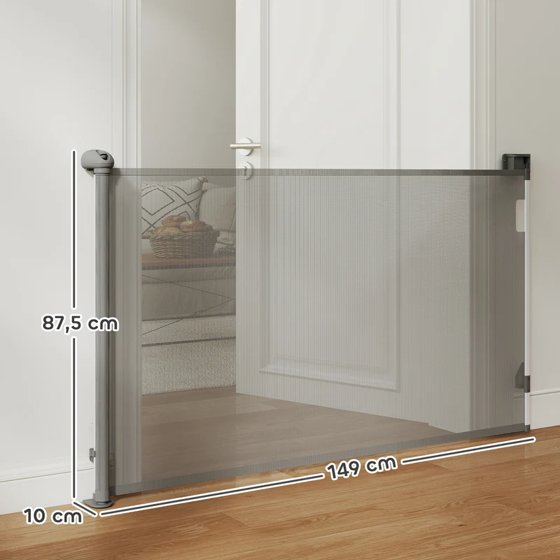 Barrière rétractable pour chien 149 x 10 x 87,5 cm verrouillage auto sans seuil épuré moderne salon en aluminium gris 21_0007484