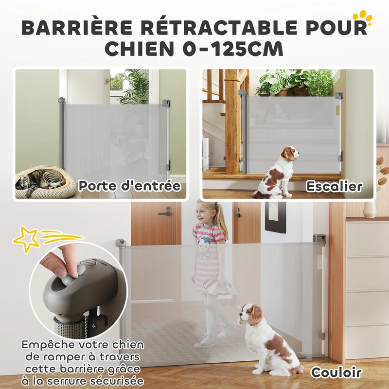 Barrière rétractable pour chien 149 x 10 x 87,5 cm verrouillage auto sans seuil épuré moderne salon en aluminium gris 21_0007484