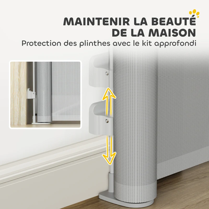 Barrière rétractable pour chien 149 x 10 x 87,5 cm verrouillage auto sans seuil épuré moderne salon en aluminium gris 21_0007484