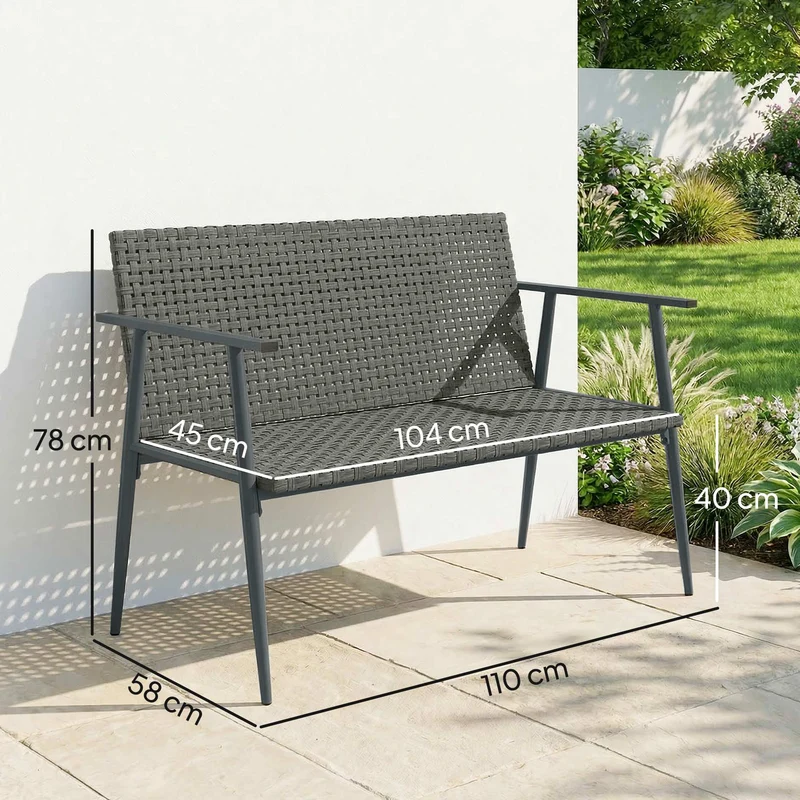 Banc de jardin 2 places 110 x 58 x 78 cm pieds réglables supporte 240 kg terrasse moderne design en résine tressée gris 21_0006089