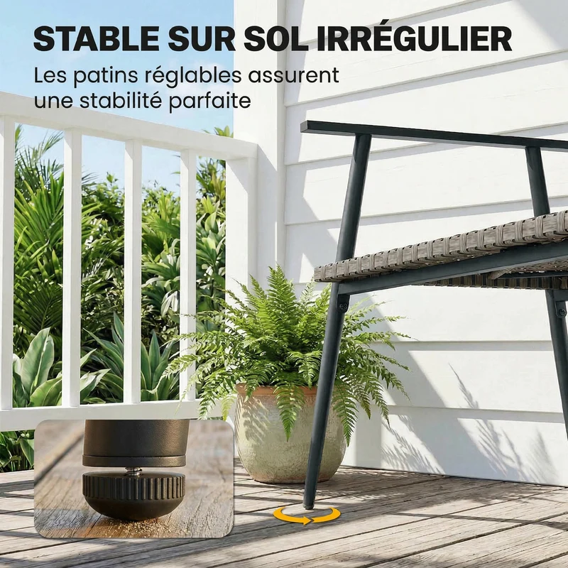 Banc de jardin 2 places 110 x 58 x 78 cm pieds réglables supporte 240 kg terrasse moderne design en résine tressée gris 21_0006089