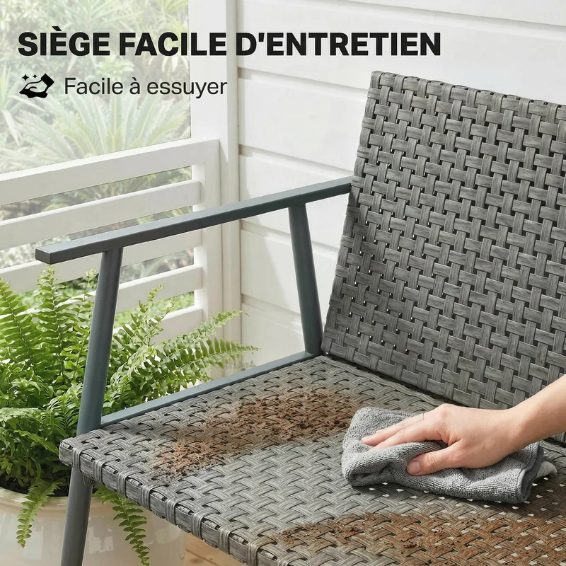 Banc de jardin 2 places 110 x 58 x 78 cm pieds réglables supporte 240 kg terrasse moderne design en résine tressée gris 21_0006089