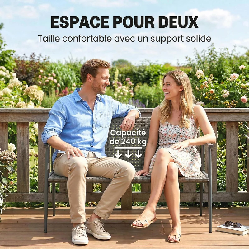 Banc de jardin 2 places 110 x 58 x 78 cm pieds réglables supporte 240 kg terrasse moderne design en résine tressée gris 21_0006089