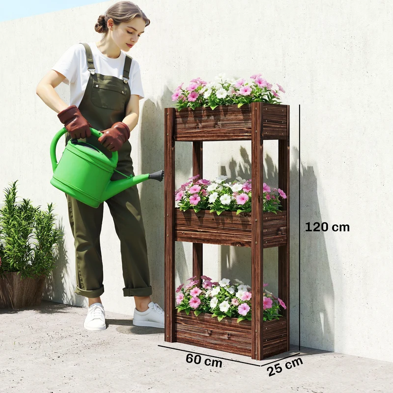 Bac à plantes surélevé 60 x 25 x 120 cm trois niveaux gain de dos intérieur extérieur style rustique en bois marron 21_0005660