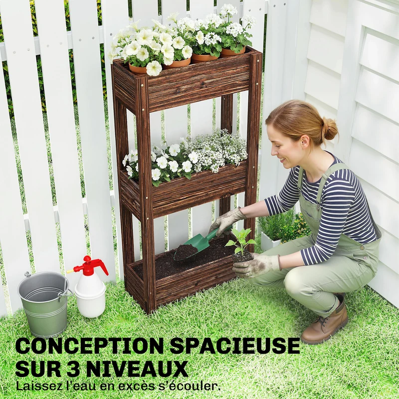 Bac à plantes surélevé 60 x 25 x 120 cm trois niveaux gain de dos intérieur extérieur style rustique en bois marron 21_0005660