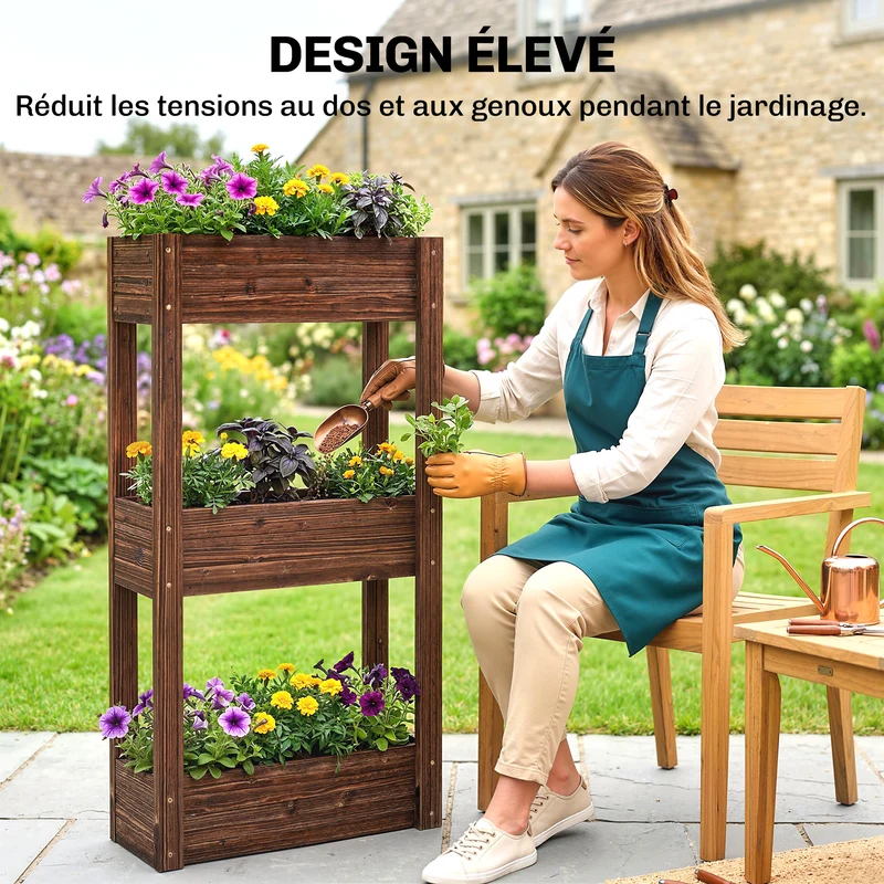 Bac à plantes surélevé 60 x 25 x 120 cm trois niveaux gain de dos intérieur extérieur style rustique en bois marron 21_0005660
