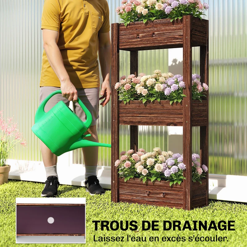 Bac à plantes surélevé 60 x 25 x 120 cm trois niveaux gain de dos intérieur extérieur style rustique en bois marron 21_0005660