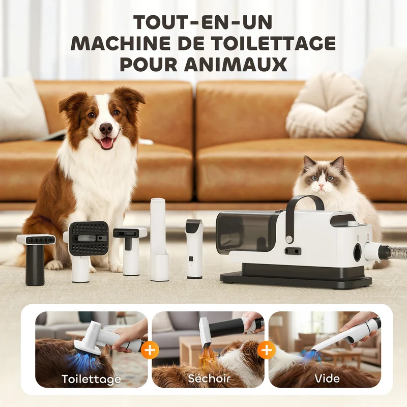 Aspirateur de toilettage pour chien 5-en-1 37,6 x 17,5 x 18,5 cm silencieux 50 db compact moderne en plastique blanc 21_0007277