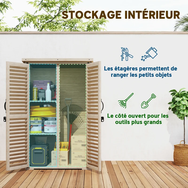Armoire de jardin remise pour outils 75 x 50 x 118 cm rangement sécurisé toit bitumé style rustique en bois naturel 21_0005448