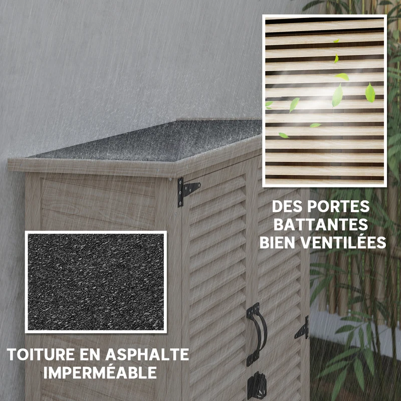 Armoire de jardin remise pour outils 75 x 50 x 118 cm rangement sécurisé toit bitumé style rustique en bois naturel 21_0005448
