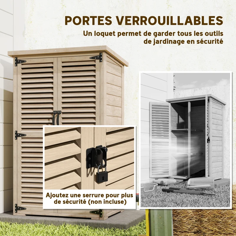 Armoire de jardin remise pour outils 75 x 50 x 118 cm rangement sécurisé toit bitumé style rustique en bois naturel 21_0005448