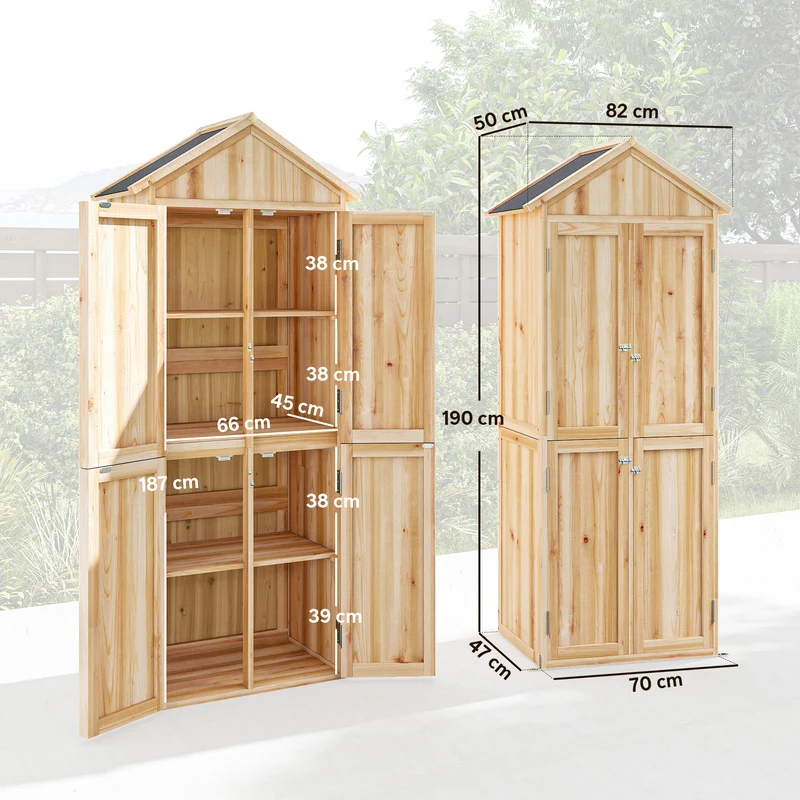 Armoire de jardin abri à outils 82 x 50 x 190 cm rangement 4 portes 2 étagères amovibles style rustique en bois naturel 21_0005653