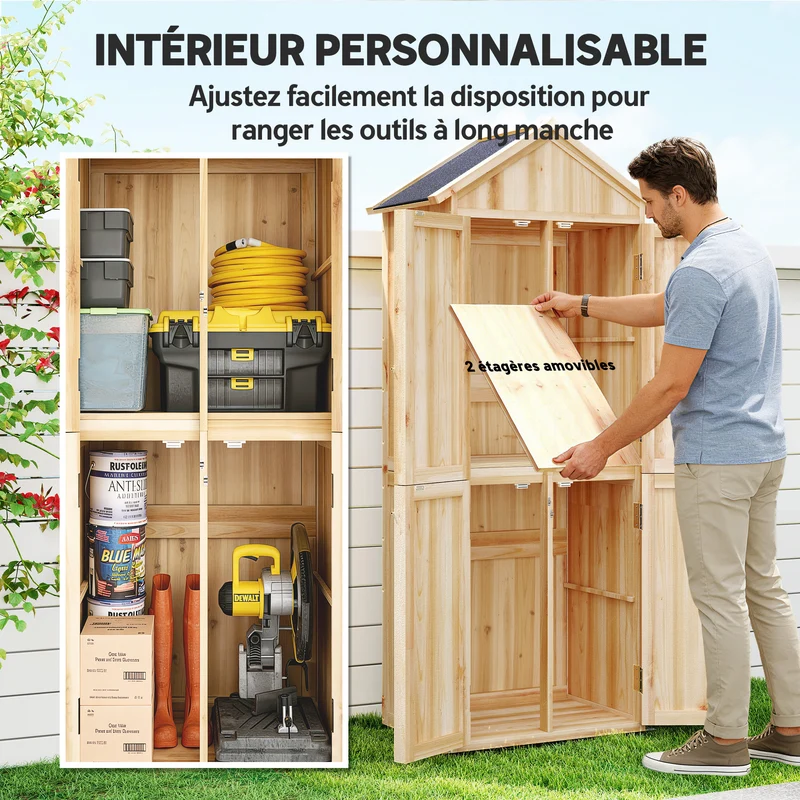 Armoire de jardin abri à outils 82 x 50 x 190 cm rangement 4 portes 2 étagères amovibles style rustique en bois naturel 21_0005653