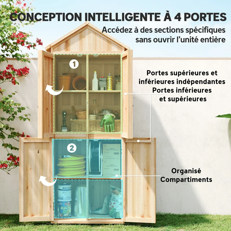 Armoire de jardin abri à outils 82 x 50 x 190 cm rangement 4 portes 2 étagères amovibles style rustique en bois naturel 21_0005653