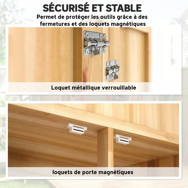 Armoire de jardin abri à outils 82 x 50 x 190 cm rangement 4 portes 2 étagères amovibles style rustique en bois naturel 21_0005653