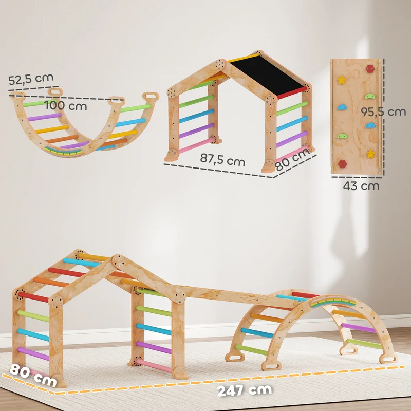 Triangle d'escalade enfant 100 x 52.5 x 48 cm toboggan réglable tableau noir éducatif scandinave chambre en bois naturel 21_0000321