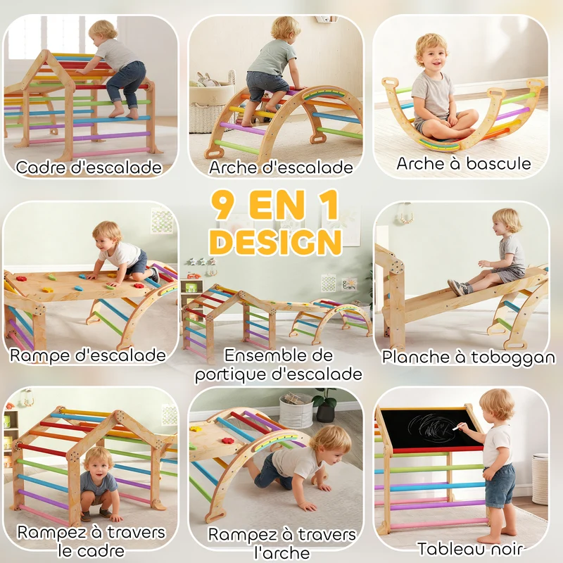 Triangle d'escalade enfant 100 x 52.5 x 48 cm toboggan réglable tableau noir éducatif scandinave chambre en bois naturel 21_0000321