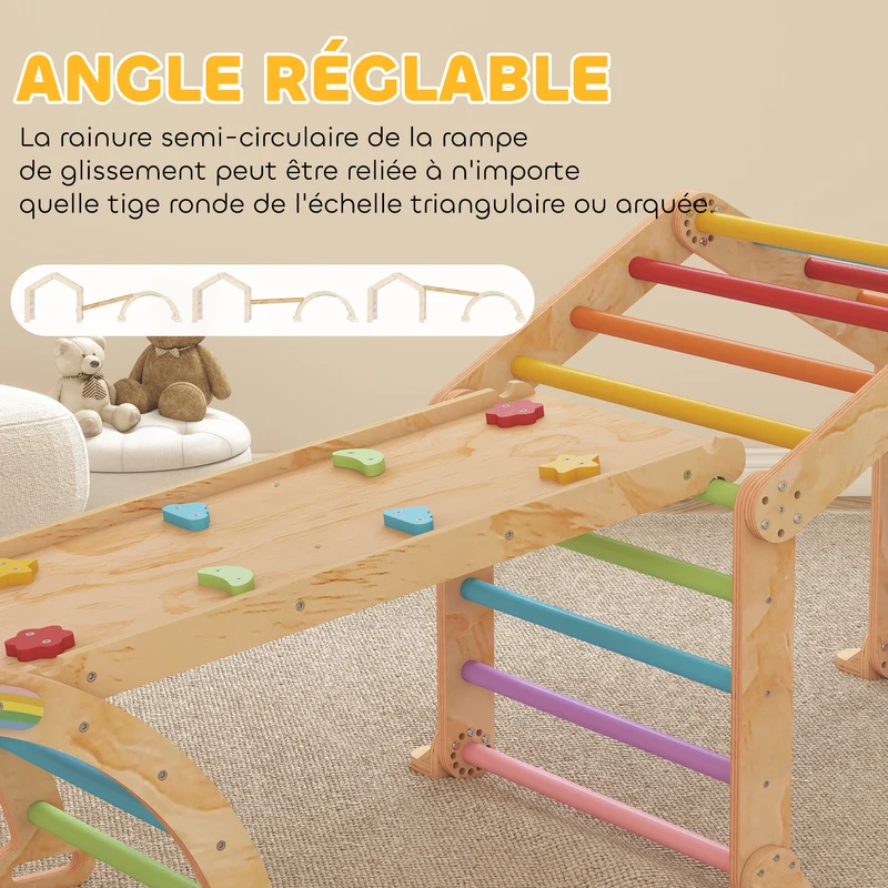 Triangle d'escalade enfant 100 x 52.5 x 48 cm toboggan réglable tableau noir éducatif scandinave chambre en bois naturel 21_0000321