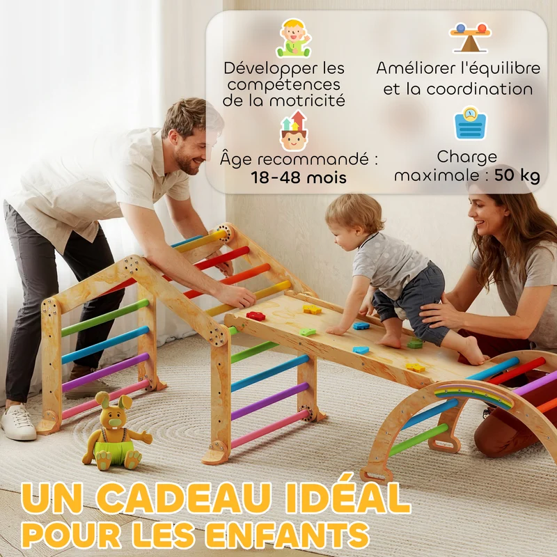 Triangle d'escalade enfant 100 x 52.5 x 48 cm toboggan réglable tableau noir éducatif scandinave chambre en bois naturel 21_0000321