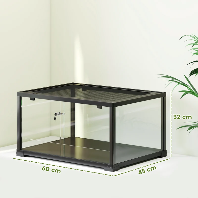 Terrarium pour reptiles et rongeurs 60 x 45 x 32 cm double verrou couvercle ventilé style moderne épuré en verre noir 21_0007853