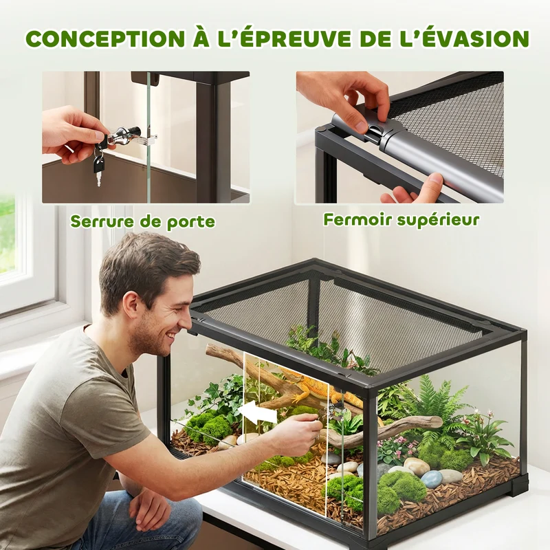 Terrarium pour reptiles et rongeurs 60 x 45 x 32 cm double verrou couvercle ventilé style moderne épuré en verre noir 21_0007853