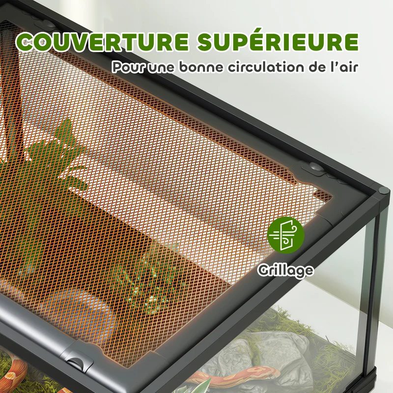 Terrarium pour reptiles et rongeurs 60 x 45 x 32 cm double verrou couvercle ventilé style moderne épuré en verre noir 21_0007853