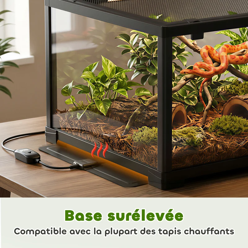 Terrarium pour reptiles et rongeurs 60 x 45 x 32 cm double verrou couvercle ventilé style moderne épuré en verre noir 21_0007853