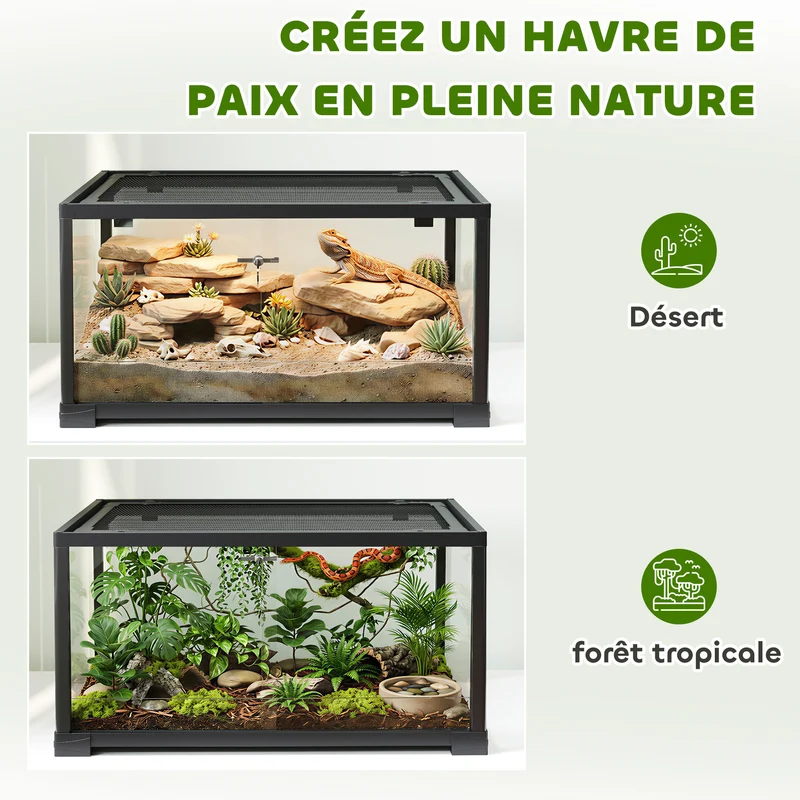 Terrarium pour reptiles et rongeurs 60 x 45 x 32 cm double verrou couvercle ventilé style moderne épuré en verre noir 21_0007853