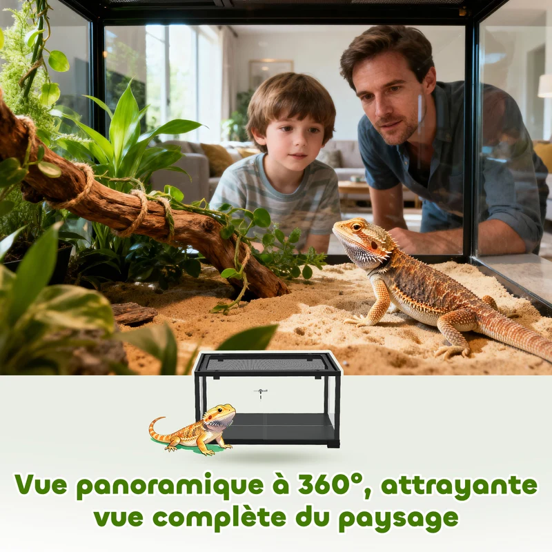 Terrarium pour reptiles et rongeurs 60 x 45 x 32 cm double verrou couvercle ventilé style moderne épuré en verre noir 21_0007853