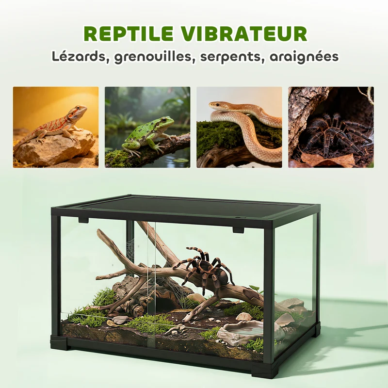 Terrarium pour reptiles et rongeurs 60 x 45 x 32 cm double verrou couvercle ventilé style moderne épuré en verre noir 21_0007853