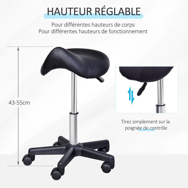 Tabouret à roulettes selle ergonomique 48 x 48 x 43-55 cm hauteur réglable pour salon contemporain en polyuréthane noir 21_0000842